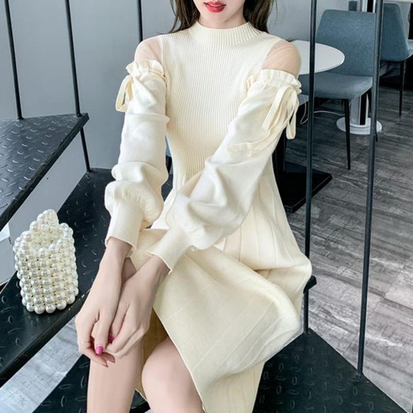 casual dresses long sleeve bow knit 2021 autumn sweet women solid mesh stitching off-shoulder fashion mid-length vestidos mujer, Black;gray 
casual dresses long sleeve bow knit 2021 autumn sweet women solid mesh stitching off-shoulder fashion mid-length vestidos mujer, Black;gray