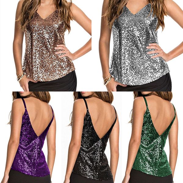 

2021Fashion Women's Tops & Tee Summer Harness Perspective V-neck Sexy Sling Sequins T-Shirt Women European American Style Sleeveless Shirts, Random colors