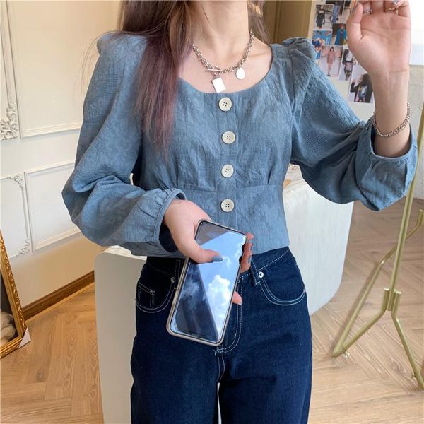 women's blouses & shirts 2021 korean fashion chic shirt slim design waist short solid ins long sleeve kawaii hipster for women, White
women's blouses & shirts 2021 korean fashion chic shirt slim design waist short solid ins long sleeve kawaii hipster for women, White
