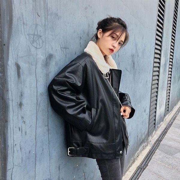 women's jackets locomotive suit winter white fluffy coat women 2021 korean loose student plus velvet thick leather jacket, Black;brown
women's jackets locomotive suit winter white fluffy coat women 2021 korean loose student plus velvet thick leather jacket, Black;brown