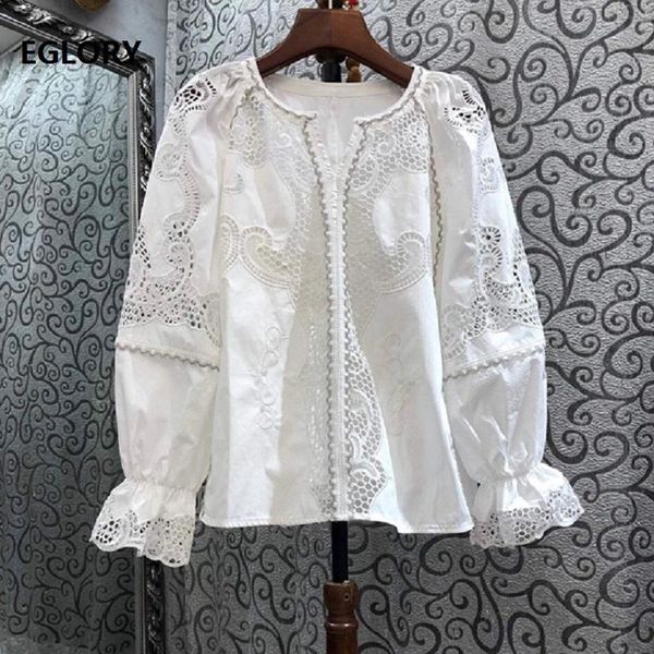 hollow out embroidery blouse 2021 spring fashion style women v-neck flare sleeve casual cotton shirt ladies loose female women's blous, White