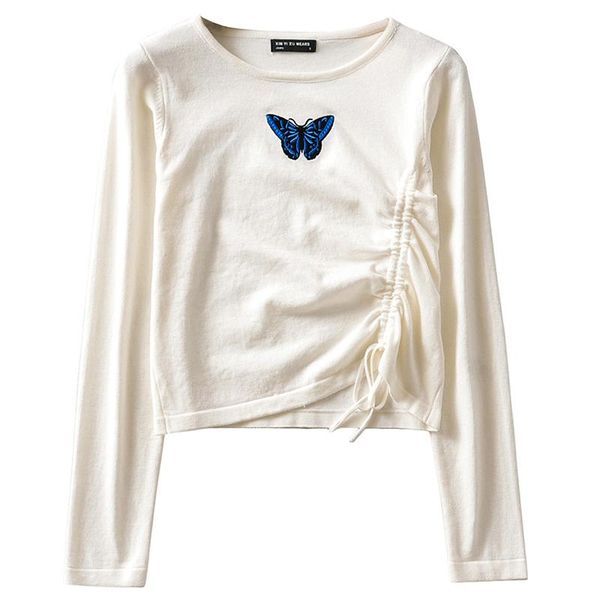 women's t-shirt spring butterfly embroidery drawstring short round neck long sleeve 2021 product, White
women's t-shirt spring butterfly embroidery drawstring short round neck long sleeve 2021 product, White