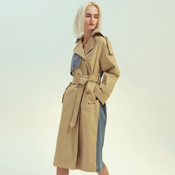 women's trench coats autumn 2021 european street style design denim spliced mid long vintage sleeve overcoat, Tan;black
women's trench coats autumn 2021 european street style design denim spliced mid long vintage sleeve overcoat, Tan;black