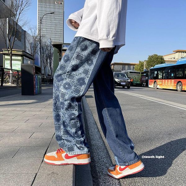 men's jeans stitching printed trendy loose straight-leg pants wild wide-leg japanese harajuku denim trousers four seasons s-3xl, Blue 
men's jeans stitching printed trendy loose straight-leg pants wild wide-leg japanese harajuku denim trousers four seasons s-3xl, Blue