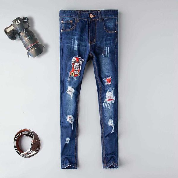men's jeans european style mens ripped black hole patchwork long trendy distressed denim men slim fit trousers r4ul of38, Blue
men's jeans european style mens ripped black hole patchwork long trendy distressed denim men slim fit trousers r4ul of38, Blue
