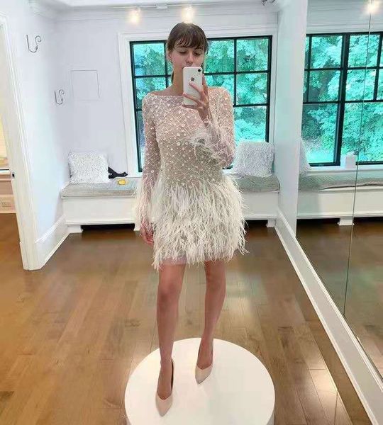 

luxury feather 2021 long sleeve cocktail dresses beading crystal short formal prom gowns party homecoming dress, Black