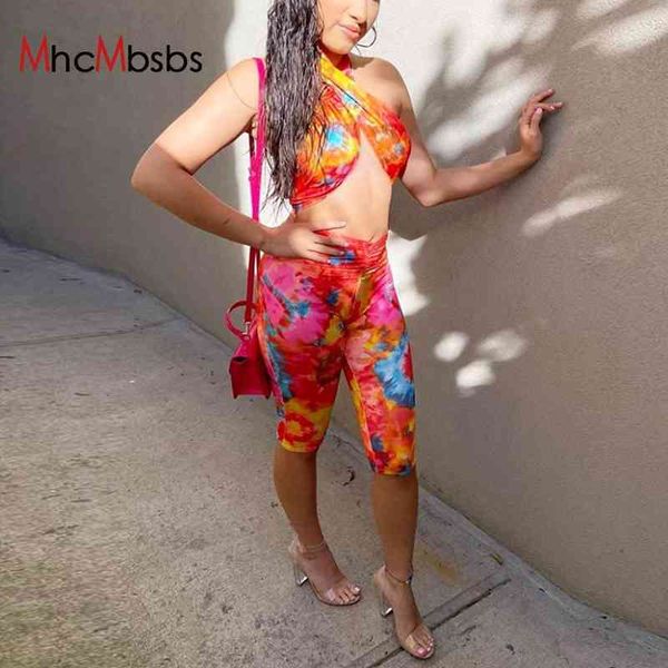 women's two piece pants tie dye print criss cross halter cut out crop for women backless club party shorts 2021 summer 2, White