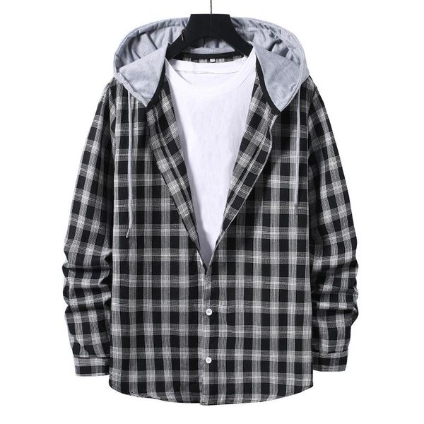 men's casual shirts autumn blouse for men 2021 plaid print shirt long sleeve single breasted hooded camisa masculina, White;black
men's casual shirts autumn blouse for men 2021 plaid print shirt long sleeve single breasted hooded camisa masculina, White;black