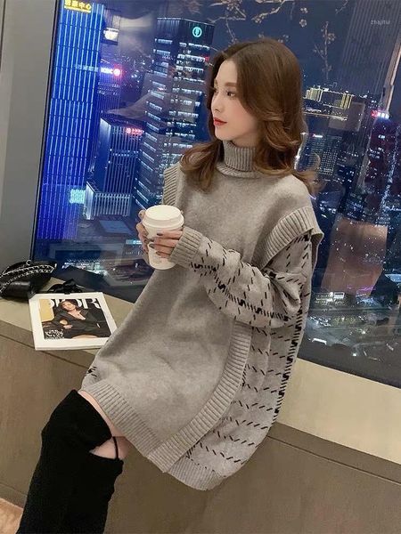 high neck stitching fake two-piece sweater loose and lazy style fashion women 2021 autumn winter women's sweaters, White;black
high neck stitching fake two-piece sweater loose and lazy style fashion women 2021 autumn winter women's sweaters, White;black