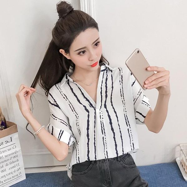 women's blouses & shirts women striped short sleeve chic blouse ladies fashion turn down collar casual blusas, White
women's blouses & shirts women striped short sleeve chic blouse ladies fashion turn down collar casual blusas, White