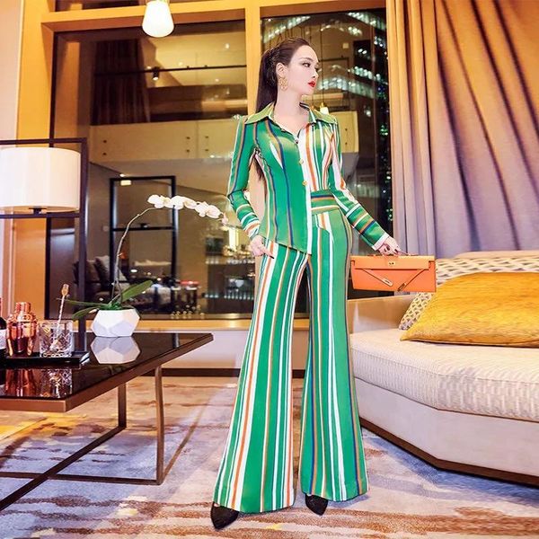 women's two piece pants office ladies 2 set designer elegant chic green stripped print shirts women and flare leg trousers suit woman s, White
women's two piece pants office ladies 2 set designer elegant chic green stripped print shirts women and flare leg trousers suit woman s, White