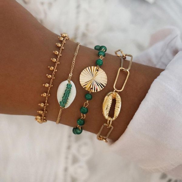 link, chain bohemian gold bracelet set for women green beaded charm bangle boho party jewelry, Black
link, chain bohemian gold bracelet set for women green beaded charm bangle boho party jewelry, Black