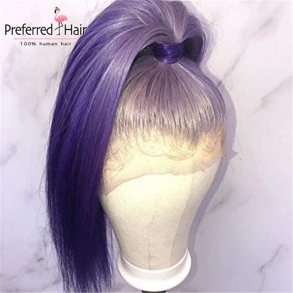 preferred remy lace front wig pre plucked purple ombre human hair brazilian transparent wigs for black women1, Black;brown