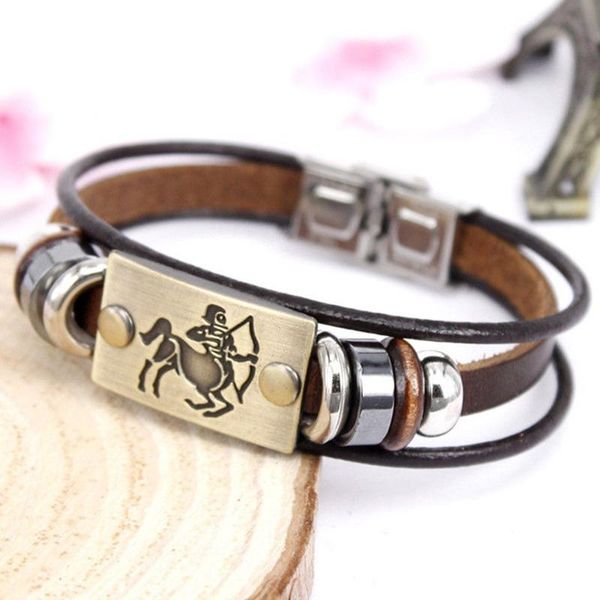 link, chain 12 constellations multi layer leather bracelet punk comfortable zodiac pendant beads armband wristbands, Black
link, chain 12 constellations multi layer leather bracelet punk comfortable zodiac pendant beads armband wristbands, Black