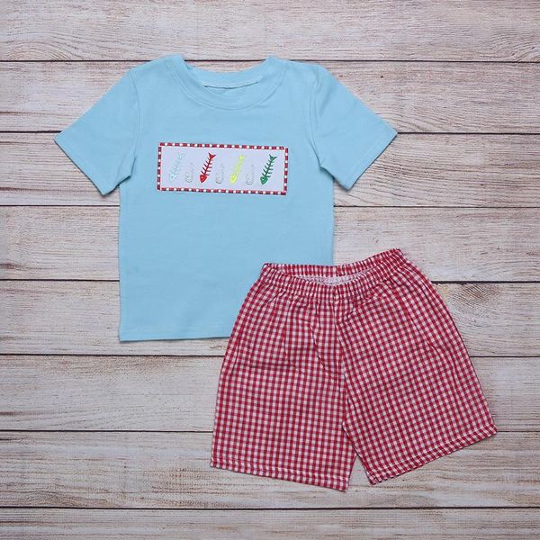 clothing sets summer clothes blue short sleeve and red plaid shorts four fish bones three hooks embroidery pattern boys, White
clothing sets summer clothes blue short sleeve and red plaid shorts four fish bones three hooks embroidery pattern boys, White