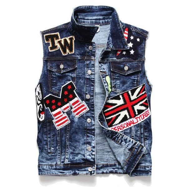 

men's vests kimsere hi street hip hop denim with patches embroidery streetwear waistcoat punk style jean sleeveless jacket, Black;white