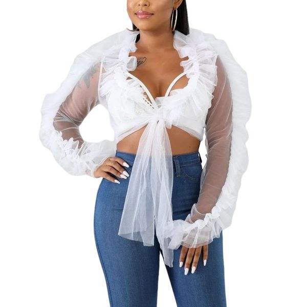 women's t-shirt woman solid color mesh low-cut long sleeve perspective lace-up tassel ruffle cardigan daily life, White
women's t-shirt woman solid color mesh low-cut long sleeve perspective lace-up tassel ruffle cardigan daily life, White
