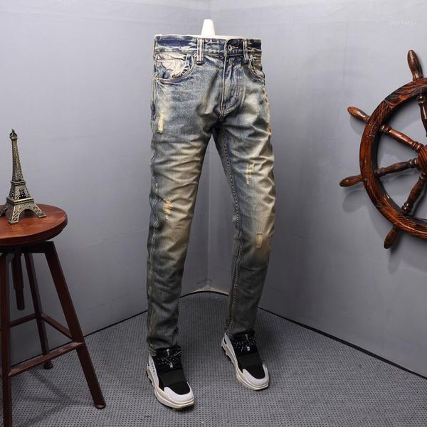 men's jeans fashion streetwear men retro yellow wash destroyed ripped slim fit italian style vintage designer homme1, Blue
men's jeans fashion streetwear men retro yellow wash destroyed ripped slim fit italian style vintage designer homme1, Blue