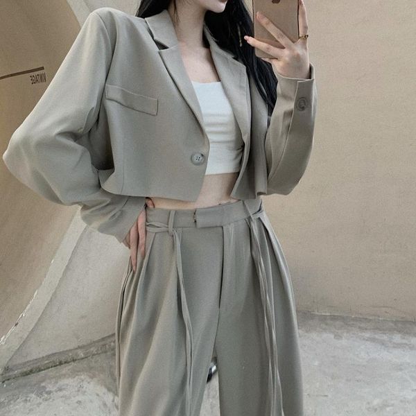women's two piece pants gray blazer sets korean style autumn set women short suit jacket crop streetwear lace-up long suits 2, White
women's two piece pants gray blazer sets korean style autumn set women short suit jacket crop streetwear lace-up long suits 2, White
