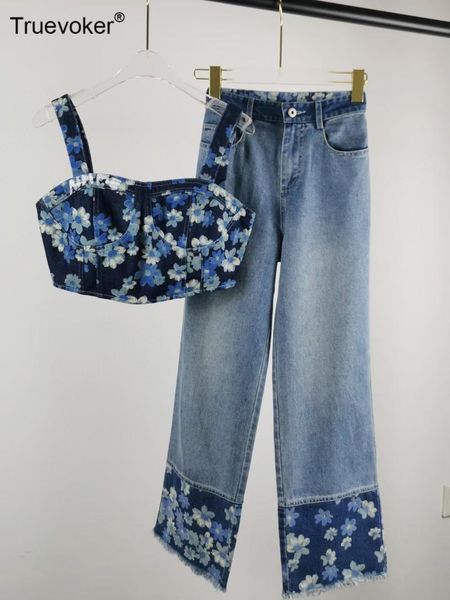 truevoker women european high end fashion pant sets lady flower print denim bustier with flare two piece women's pants, White
truevoker women european high end fashion pant sets lady flower print denim bustier with flare two piece women's pants, White