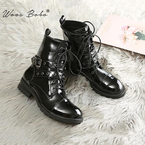 boots short women belt buckle lace-up ankle for autumn fashion round toe british motorcycle knight, Black 
boots short women belt buckle lace-up ankle for autumn fashion round toe british motorcycle knight, Black