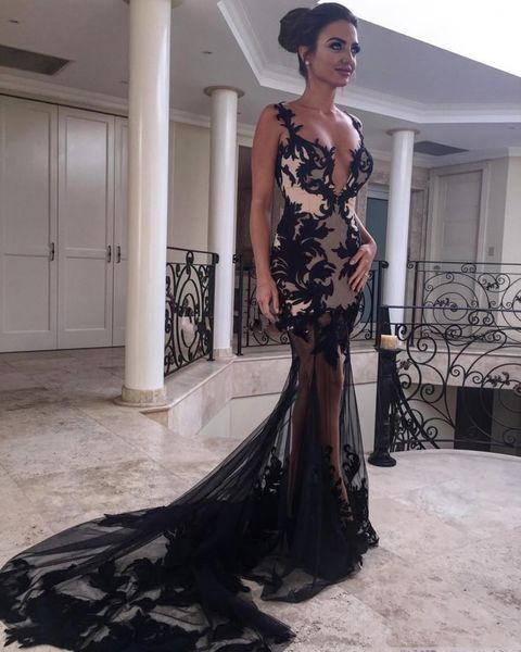deep v neck lace mermaid long evening dresses appliques court train backless tulle formal prom party gowns, Black;red
deep v neck lace mermaid long evening dresses appliques court train backless tulle formal prom party gowns, Black;red