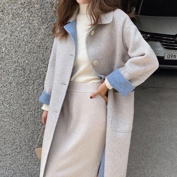 women's wool & blends fashion stitching contrast color woolen coat women mid-length autumn and winter large size loose over-the-knee, Black
women's wool & blends fashion stitching contrast color woolen coat women mid-length autumn and winter large size loose over-the-knee, Black