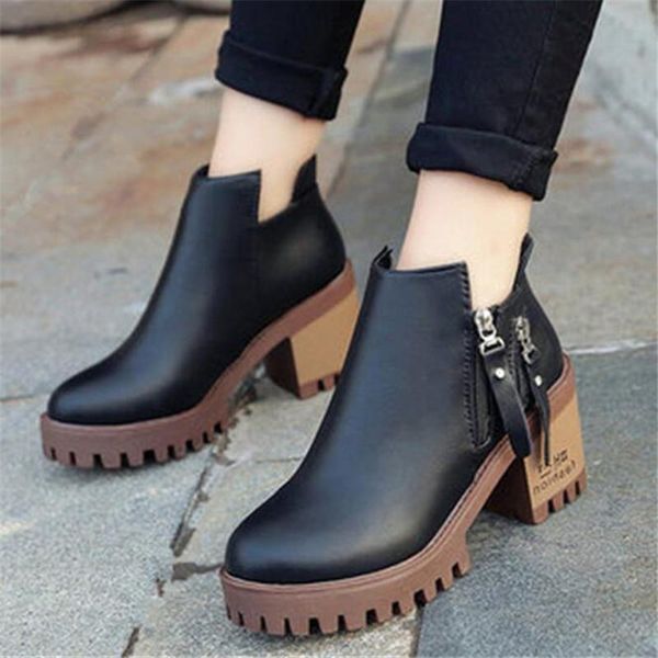 boots fashion casual ladies shoes women pu leather zipper platform booties round toe high heeled punk motorcycle botas mujer, Black 
boots fashion casual ladies shoes women pu leather zipper platform booties round toe high heeled punk motorcycle botas mujer, Black