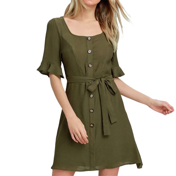 fashion women half sleeve solid square collar casual button belt elegant slim women's dress, Black;gray
fashion women half sleeve solid square collar casual button belt elegant slim women's dress, Black;gray