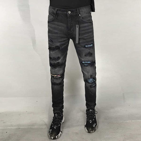 men's jeans american street style fashion retro black gray elastic slim fit ripped patches designer hip hop punk pants amui, Blue
men's jeans american street style fashion retro black gray elastic slim fit ripped patches designer hip hop punk pants amui, Blue