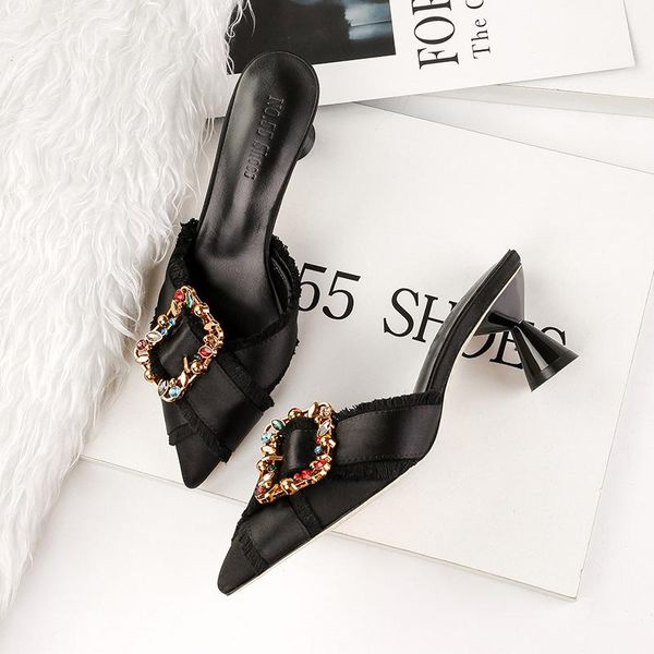 slippers pointed toe cross band fringe mules crystal metal square buckle slingback sandals strange heel lady slides lazy slip on, Black
slippers pointed toe cross band fringe mules crystal metal square buckle slingback sandals strange heel lady slides lazy slip on, Black