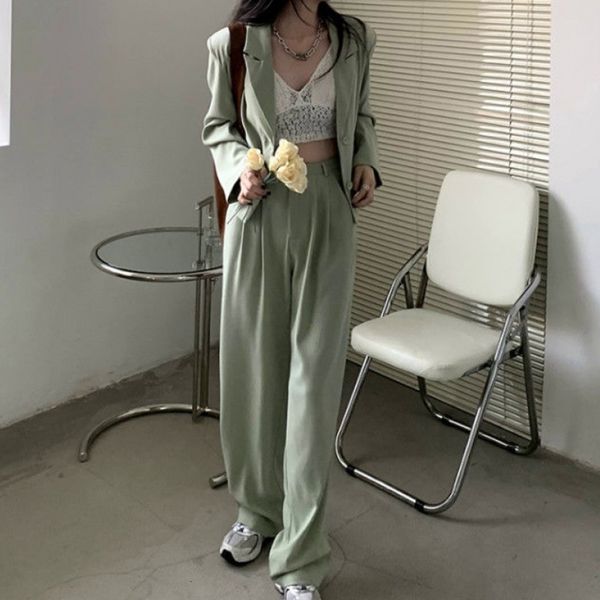 women's two piece pants green korean streetwear set women long sleeve blazer coat + high waist suits ladies casual wcz2, White
women's two piece pants green korean streetwear set women long sleeve blazer coat + high waist suits ladies casual wcz2, White
