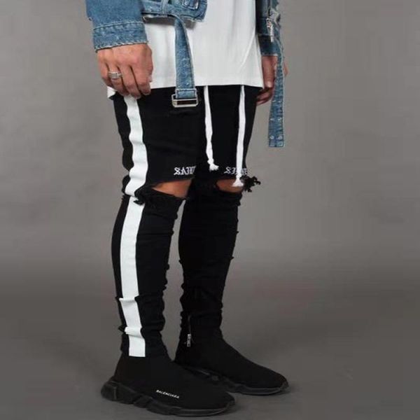 men's casual fashion fabric soft side webbing ripped feet jeans trousers men, Blue
men's casual fashion fabric soft side webbing ripped feet jeans trousers men, Blue