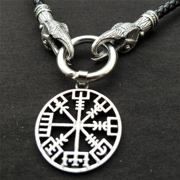 pendant necklaces viking vegvisir compass with raven head chain necklace nordic runes odin celts ethnic jewelry gift drop, Silver