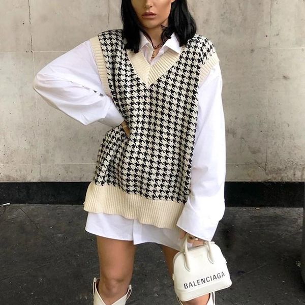 women's sweaters women houndstooth knitted sweater vest ladies v neck sleeveless oversized pullover vintage fall winter female waistcoa, White;black
women's sweaters women houndstooth knitted sweater vest ladies v neck sleeveless oversized pullover vintage fall winter female waistcoa, White;black