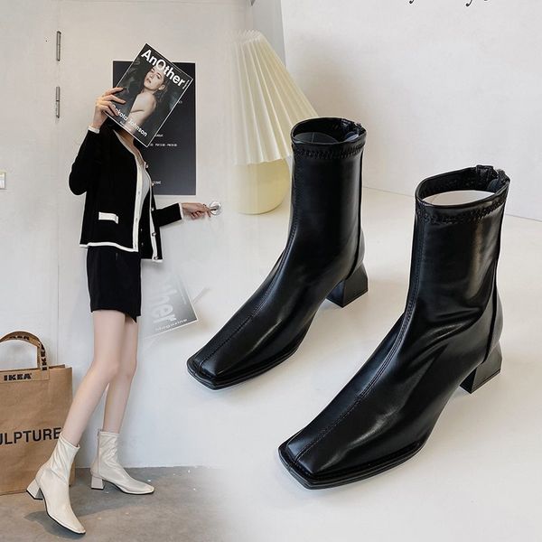 2021 autumn and winter square toe short women's middle heel martin single socks boots thick heels fashion net red thin bare, Black
2021 autumn and winter square toe short women's middle heel martin single socks boots thick heels fashion net red thin bare, Black