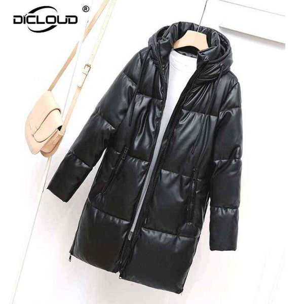 winter black pu leather parkas women long overcoats elegant thick warm hooded jacket coats cotton padded puffer jackets femme 211130 
winter black pu leather parkas women long overcoats elegant thick warm hooded jacket coats cotton padded puffer jackets femme 211130