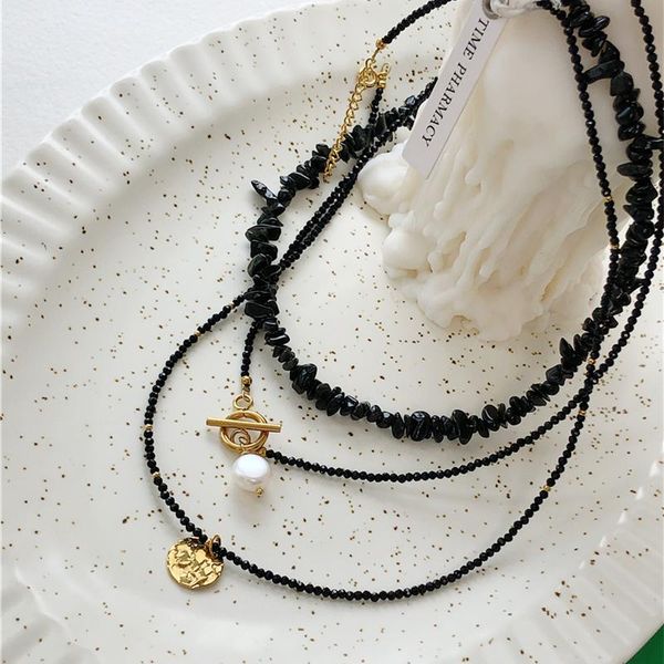 pendant necklaces aomu 3pcs/set european black metal baroque pearl smooth irregular geometric clavicle chain for women fashion jewelry, Silver