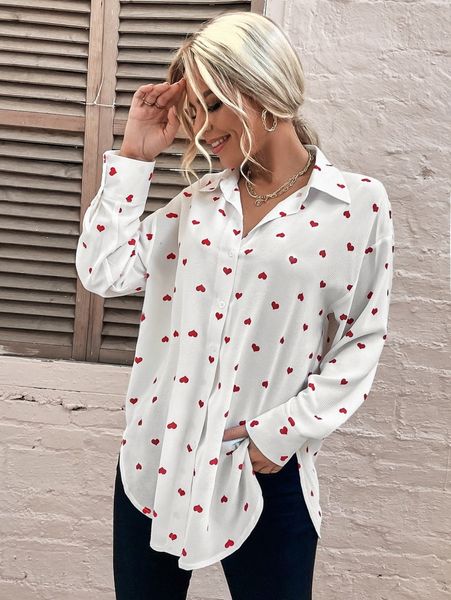 heart print drop shoulder blouse y9hv#, White 
heart print drop shoulder blouse y9hv#, White