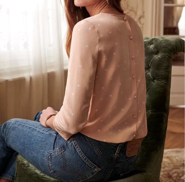 shirt polka dot round neck 100% silk gentle light pink back small bag button three quarter sleeve women m698, White
shirt polka dot round neck 100% silk gentle light pink back small bag button three quarter sleeve women m698, White
