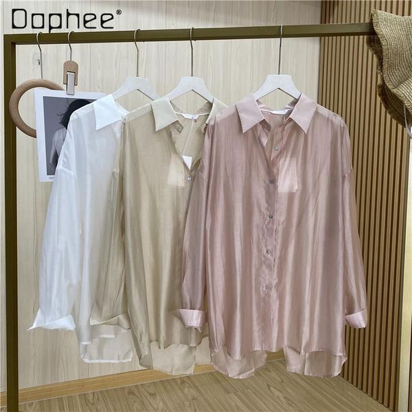 women's blouses & shirts 2021 summer solid color back split tencel cotton thin shirt collar see-through sun protection coat for women, White
women's blouses & shirts 2021 summer solid color back split tencel cotton thin shirt collar see-through sun protection coat for women, White