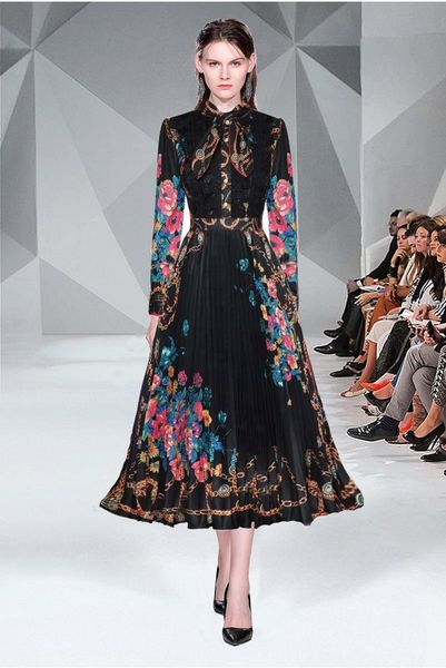 casual dresses ladies style skirt high-end women's elegant collar design sense niche printed pleated dress autumn women, Black;gray 
casual dresses ladies style skirt high-end women's elegant collar design sense niche printed pleated dress autumn women, Black;gray