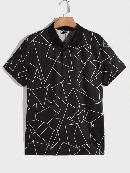 men geo print collared polo shirt g3up#, White;black 
men geo print collared polo shirt g3up#, White;black