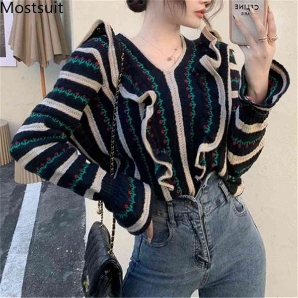 vintage striped ruffles women pullover sweater full sleeve v-neck korean fashion ladies jumpers femme 210513, Black
vintage striped ruffles women pullover sweater full sleeve v-neck korean fashion ladies jumpers femme 210513, Black