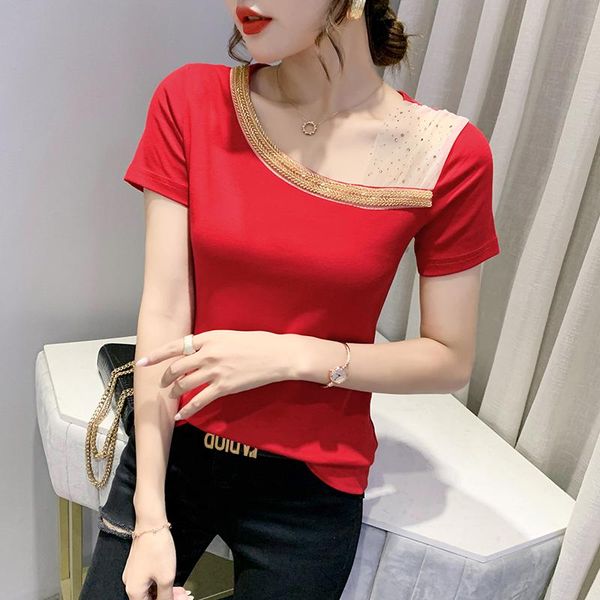 women's t-shirt ehqaxin summer for diamond-studded oblique shoulder mesh stitching slim-fit clavicle short-sleeved s-xl, White
women's t-shirt ehqaxin summer for diamond-studded oblique shoulder mesh stitching slim-fit clavicle short-sleeved s-xl, White