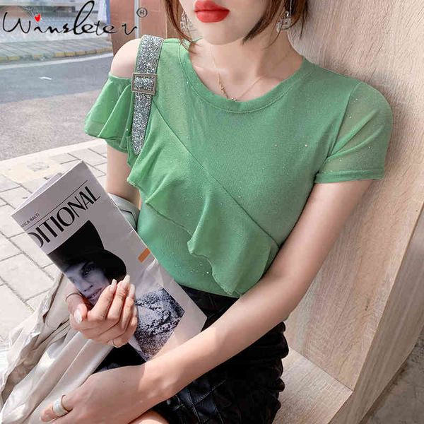 women's t-shirt summer european style fashion ruffles off shoulder shiny diamond chain women casual all match tees t1390, White
women's t-shirt summer european style fashion ruffles off shoulder shiny diamond chain women casual all match tees t1390, White