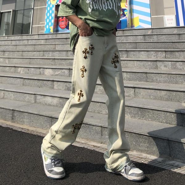 men's jeans western style high street cross embroidery hip hop micro flare denim pants men loose straight trousers streetwear, Blue
men's jeans western style high street cross embroidery hip hop micro flare denim pants men loose straight trousers streetwear, Blue
