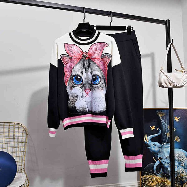 women's two piece pants fashion cartoon knitted tracksuit set women patchwork pullover sweater long outfits female loose casual kn, White
women's two piece pants fashion cartoon knitted tracksuit set women patchwork pullover sweater long outfits female loose casual kn, White