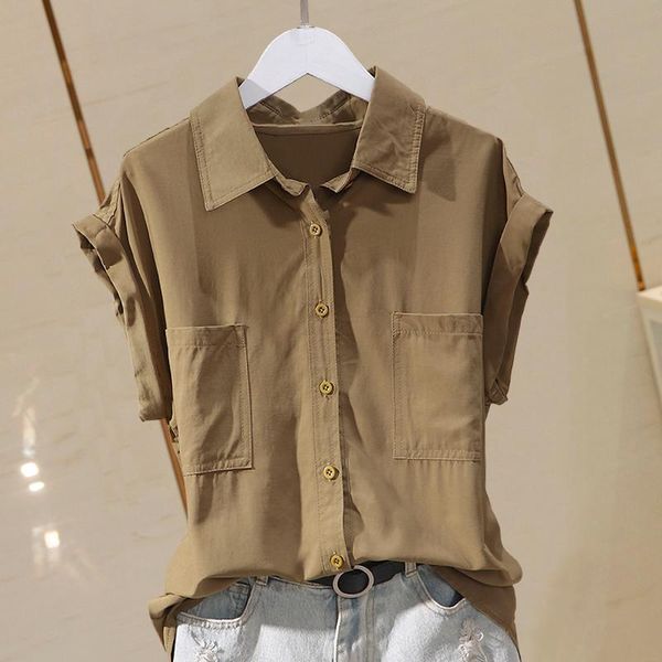 women's blouses & shirts cotton solid women summer vintage 2021 turn-down collar pocket slim all match office lady work outwear, White
women's blouses & shirts cotton solid women summer vintage 2021 turn-down collar pocket slim all match office lady work outwear, White