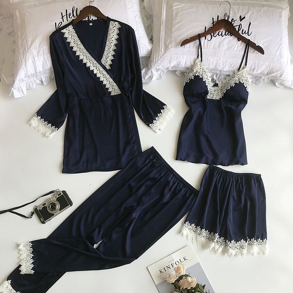 sleepwear 4 pieces pajama set faux silk spring summer elegant women pajamas full shorts soft nightwear robe sleepwear qh8d whdq, Black;red
sleepwear 4 pieces pajama set faux silk spring summer elegant women pajamas full shorts soft nightwear robe sleepwear qh8d whdq, Black;red
